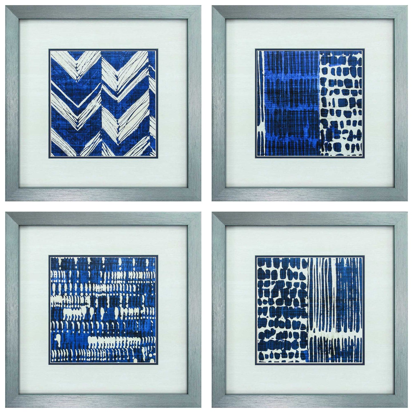 21" X 21" Silver Frame Indigo Batik Set Of 4