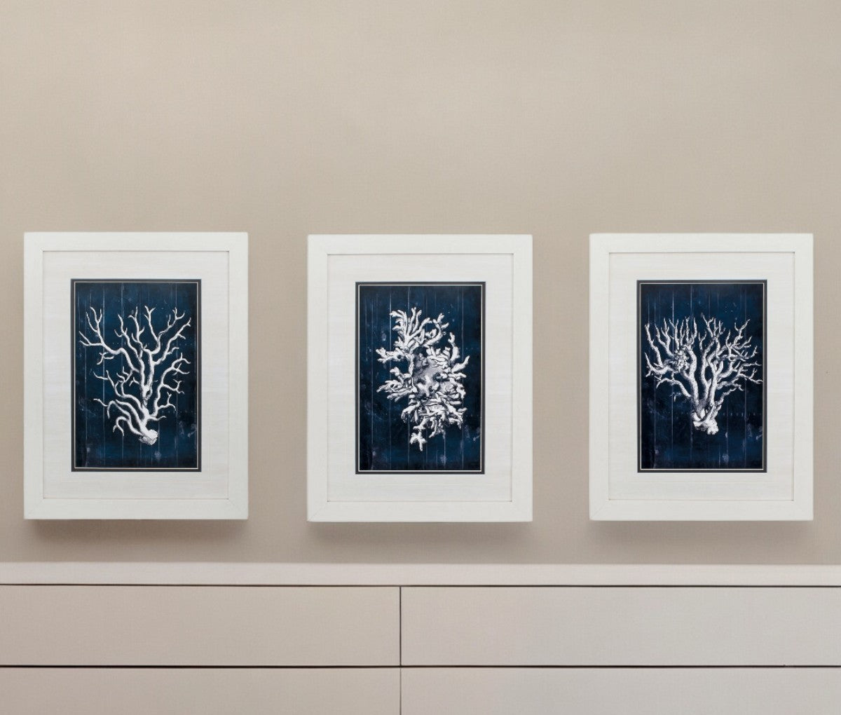 21" X 27" White Frame Wood Coral Blue (Set Of 3)