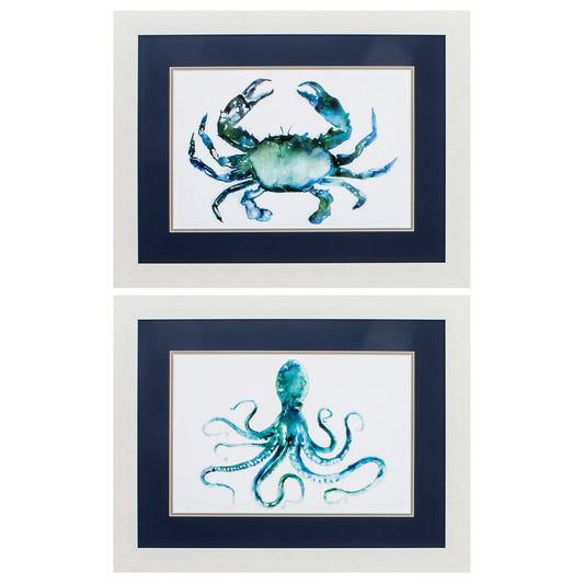 Set of Two 21" X 27" Blue and White Crab and Octopus Coastal Wall Decor