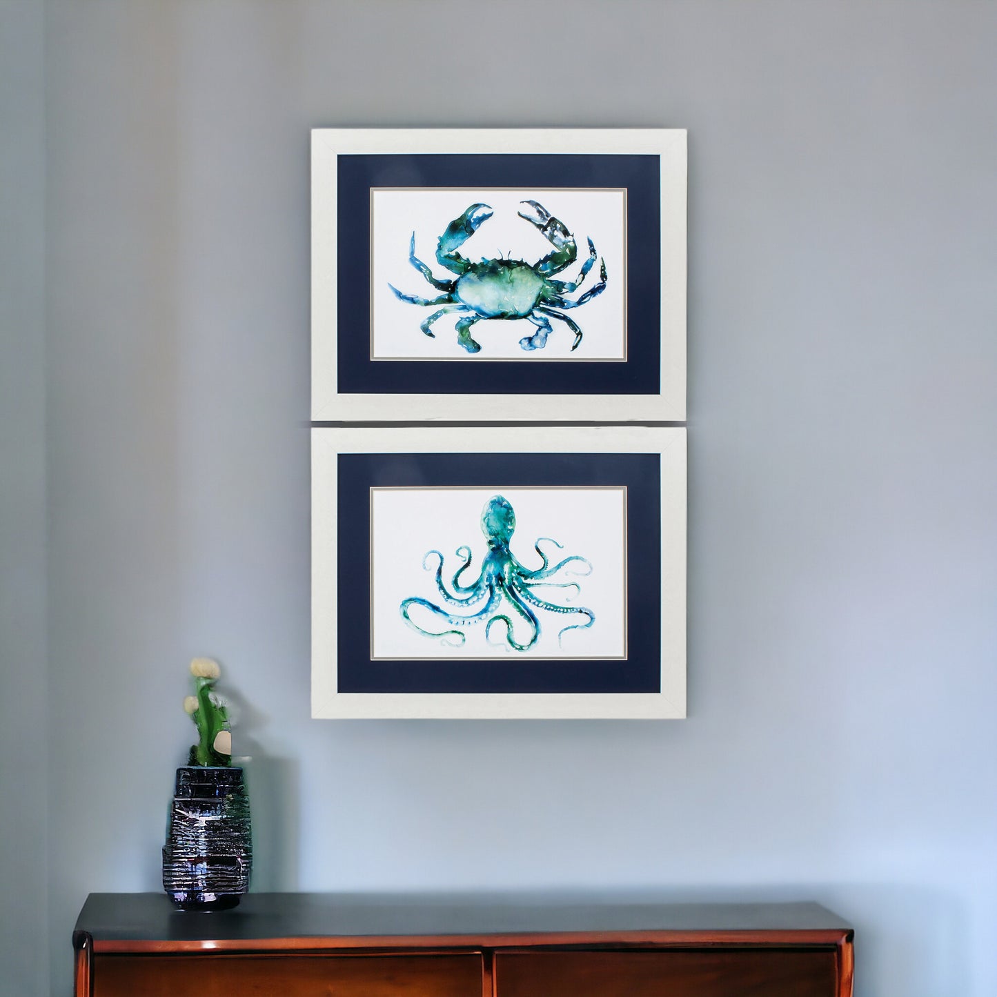 Set of Two 21" X 27" Blue and White Crab and Octopus Coastal Wall Decor