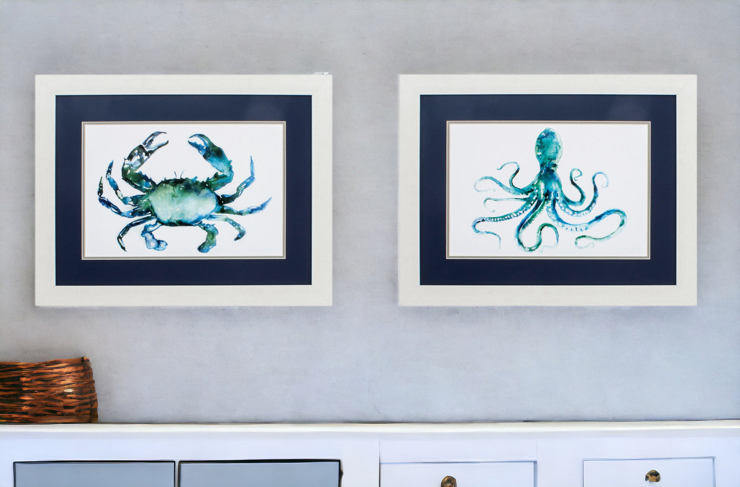 Set of Two 21" X 27" Blue and White Crab and Octopus Coastal Wall Decor