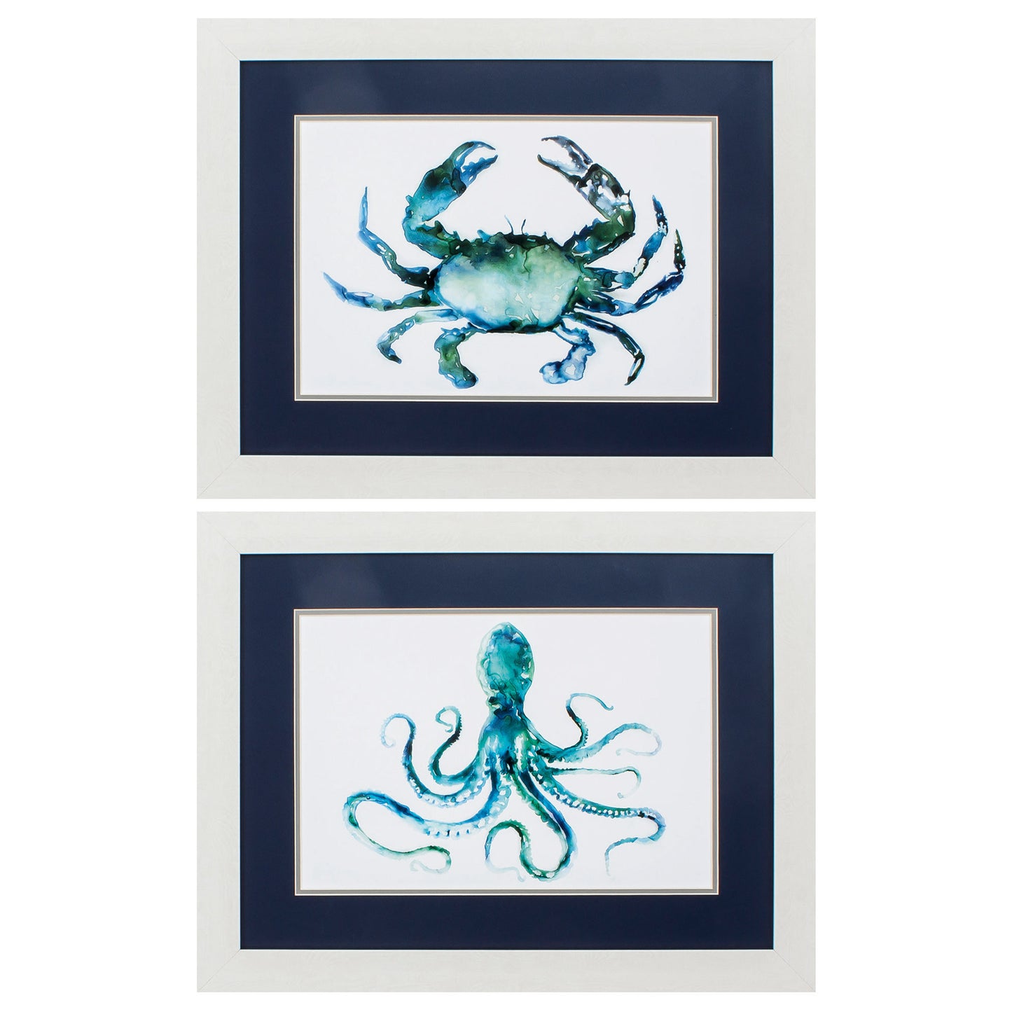 Set of Two 21" X 27" Blue and White Crab and Octopus Coastal Wall Decor