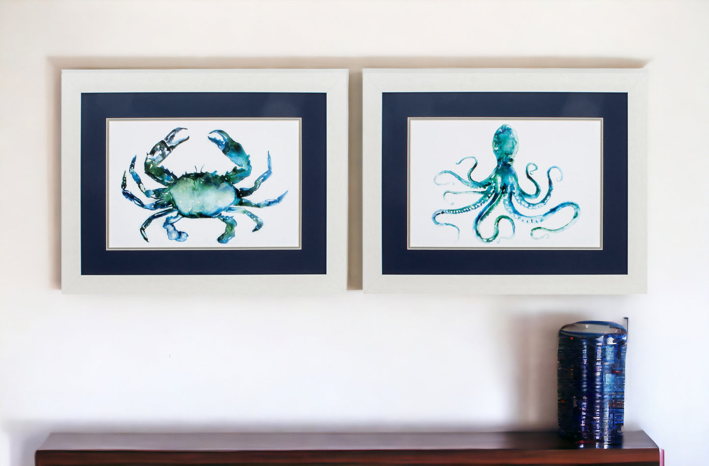 Set of Two 21" X 27" Blue and White Crab and Octopus Coastal Wall Decor