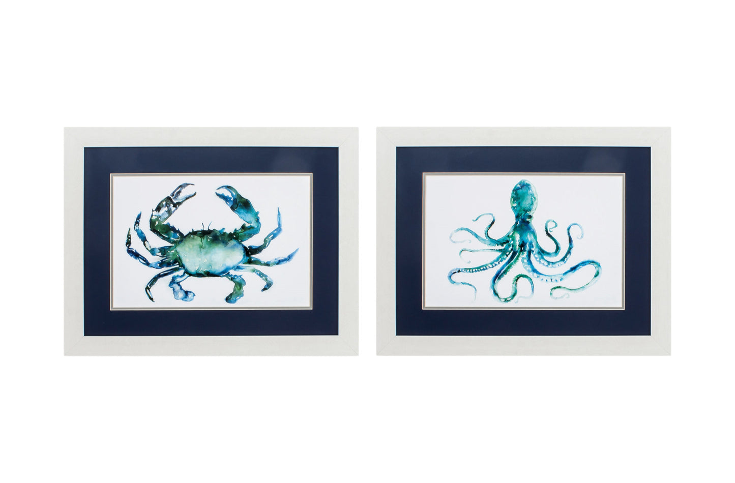 Set of Two 21" X 27" Blue and White Crab and Octopus Coastal Wall Decor