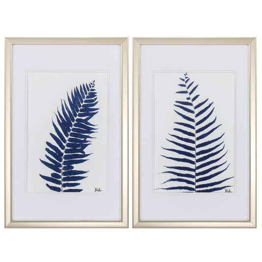 18" X 28" Champagne Gold Color Frame  Indigo Ferns (Set Of 2)