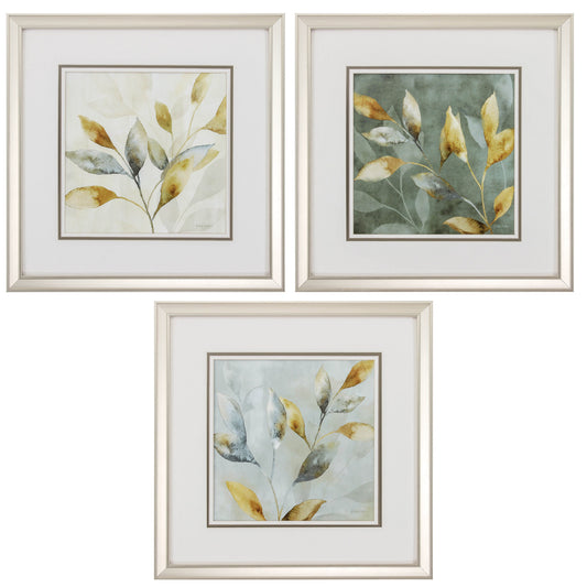 Set of Three 20" Ivory Green and Gold Leaves Champagne Framed Wall Art