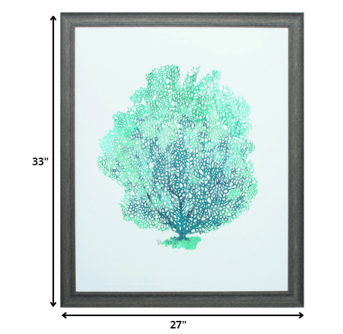 27" X 33" Distressed Wood Toned Frame Aqua Coral On White I