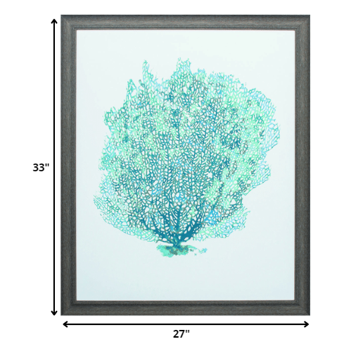 27" X 33" Distressed Wood Toned Frame Aqua Coral On White Ii