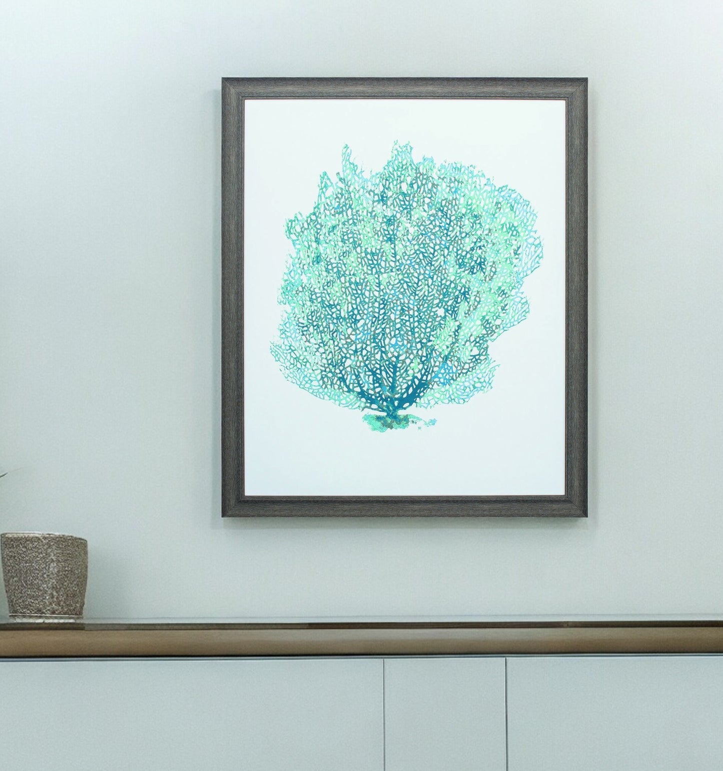 27" X 33" Distressed Wood Toned Frame Aqua Coral On White Ii