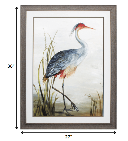 27" X 36" Distressed Wood Toned Frame Gray Heron