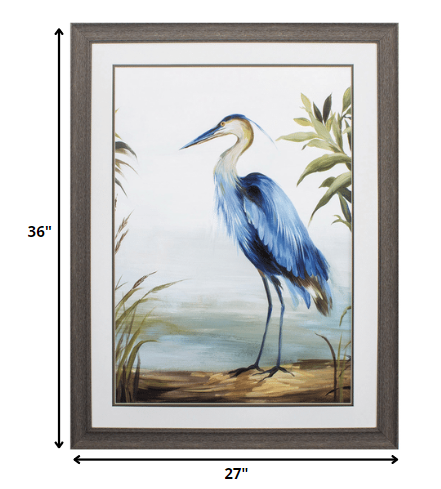 27" X 36" Distressed Wood Toned Frame Blue Heron