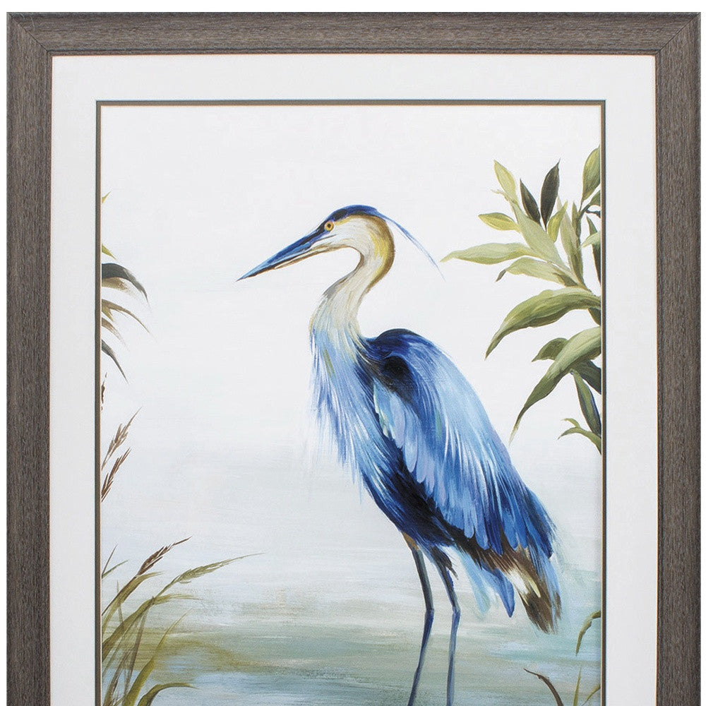 27" X 36" Distressed Wood Toned Frame Blue Heron