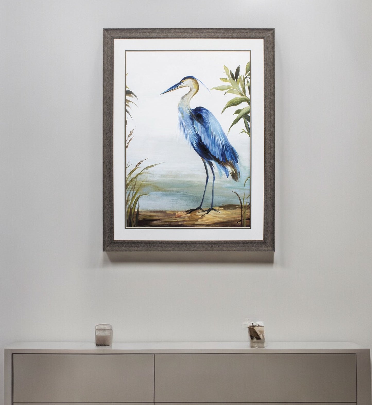 27" X 36" Distressed Wood Toned Frame Blue Heron