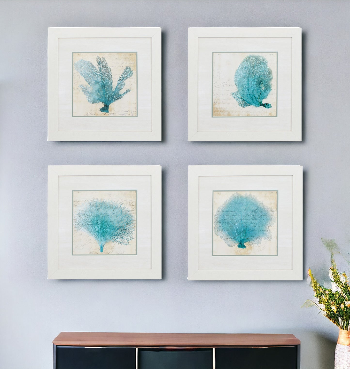 Set of Four 21" Blue Coral White Frame Wall Decor