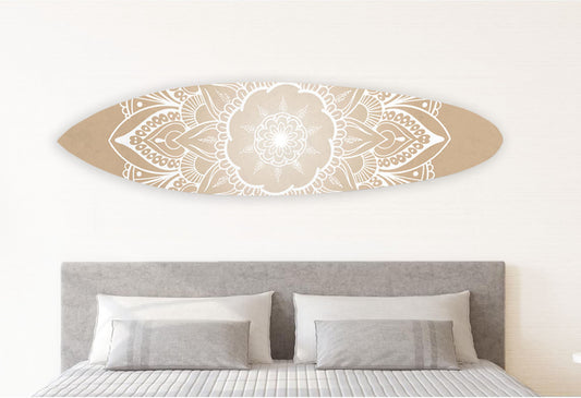 76" X 18" Tan and White Surfboard Floral Medallion Wood Hanging Dimensional Sculpture