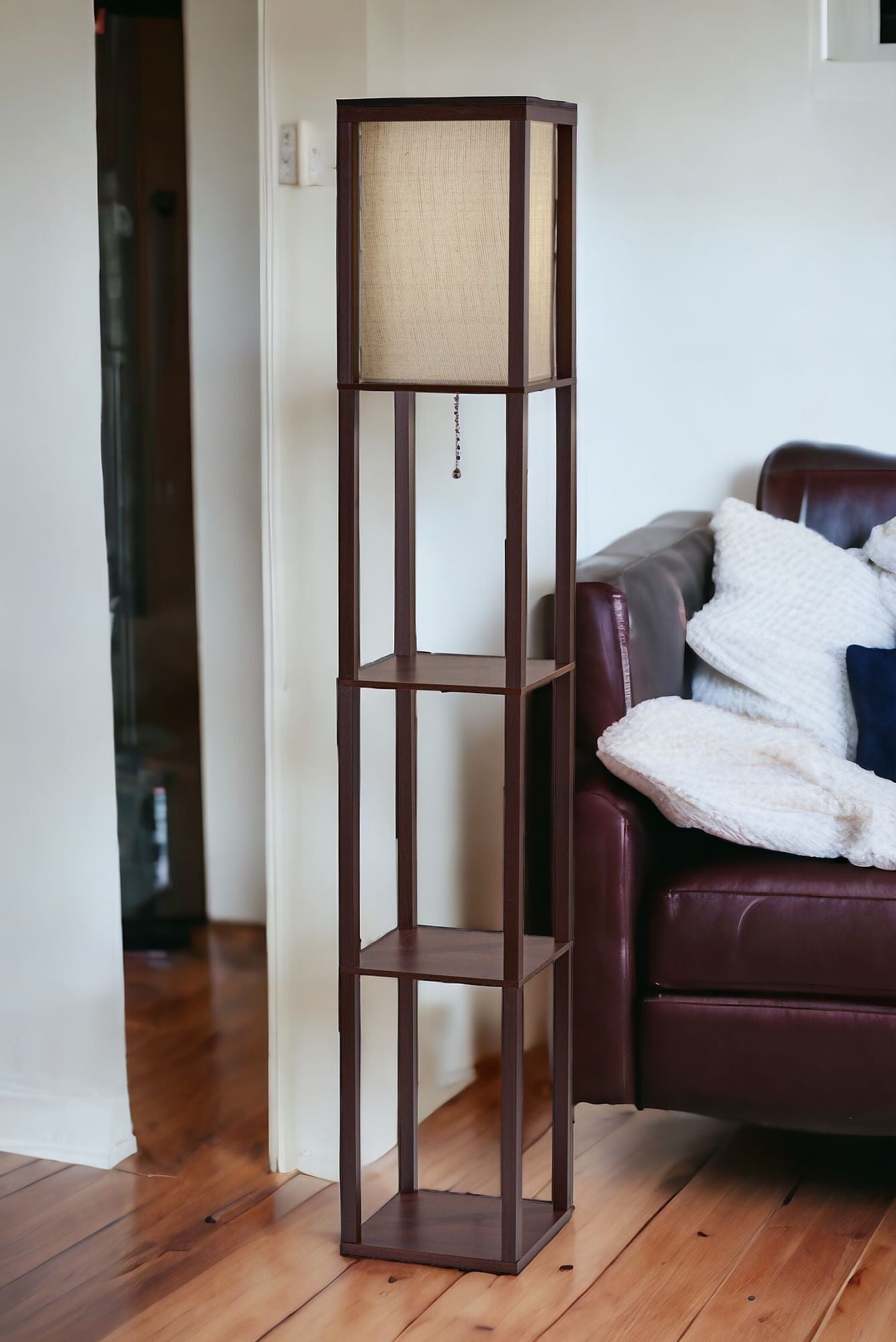 63" Brown Column Floor Lamp With Beige Square Shade