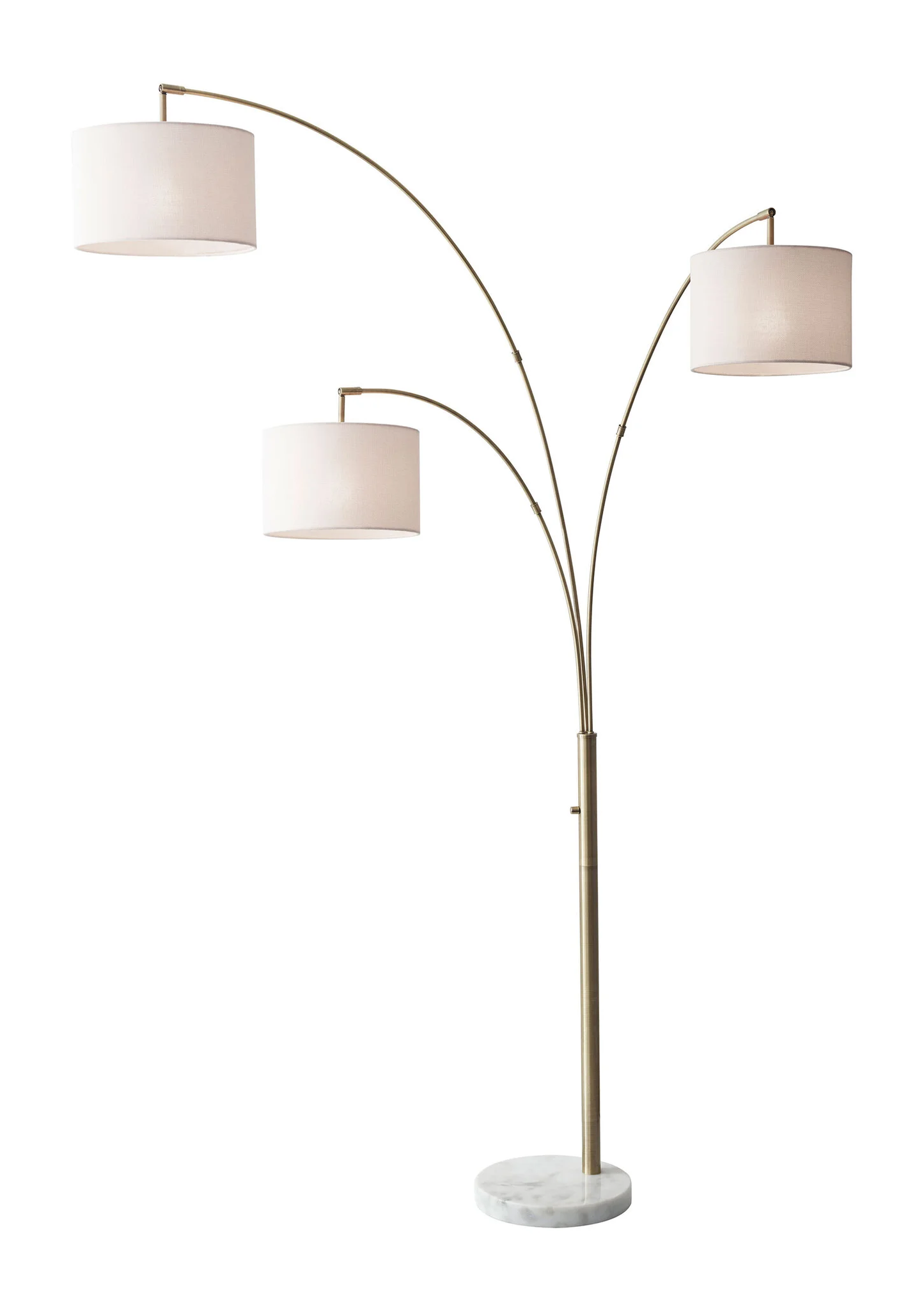 74" Brass Three Light Arc Floor Lamp With Off White Fabric Drum Shade