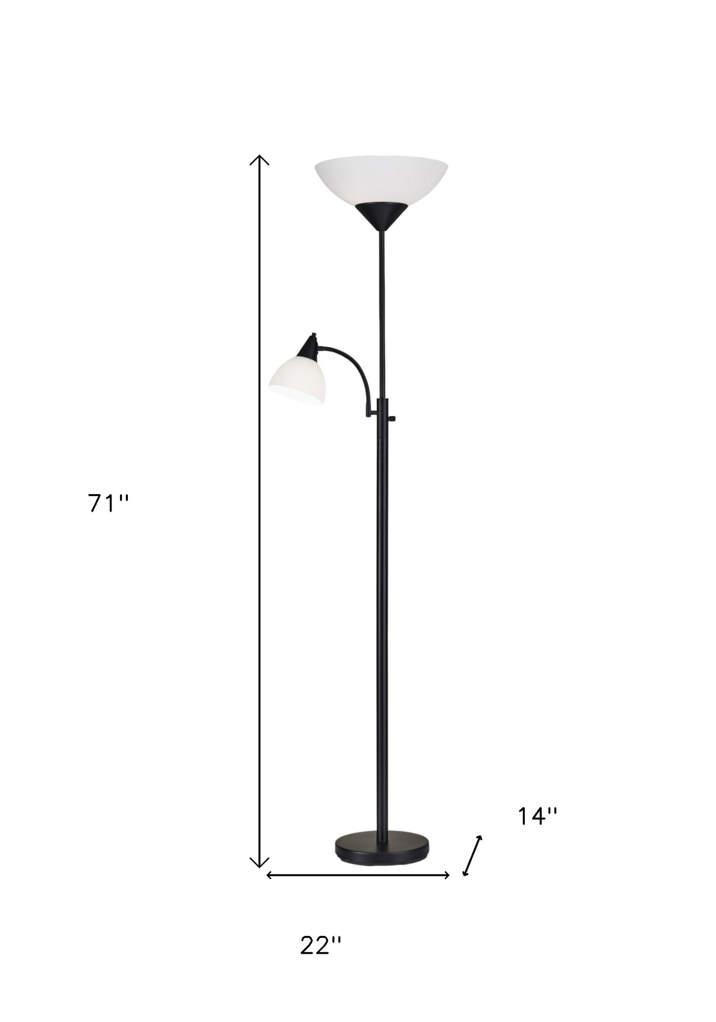 71" Two Light Torchiere Floor Lamp With White Acrylic Bowl Shades