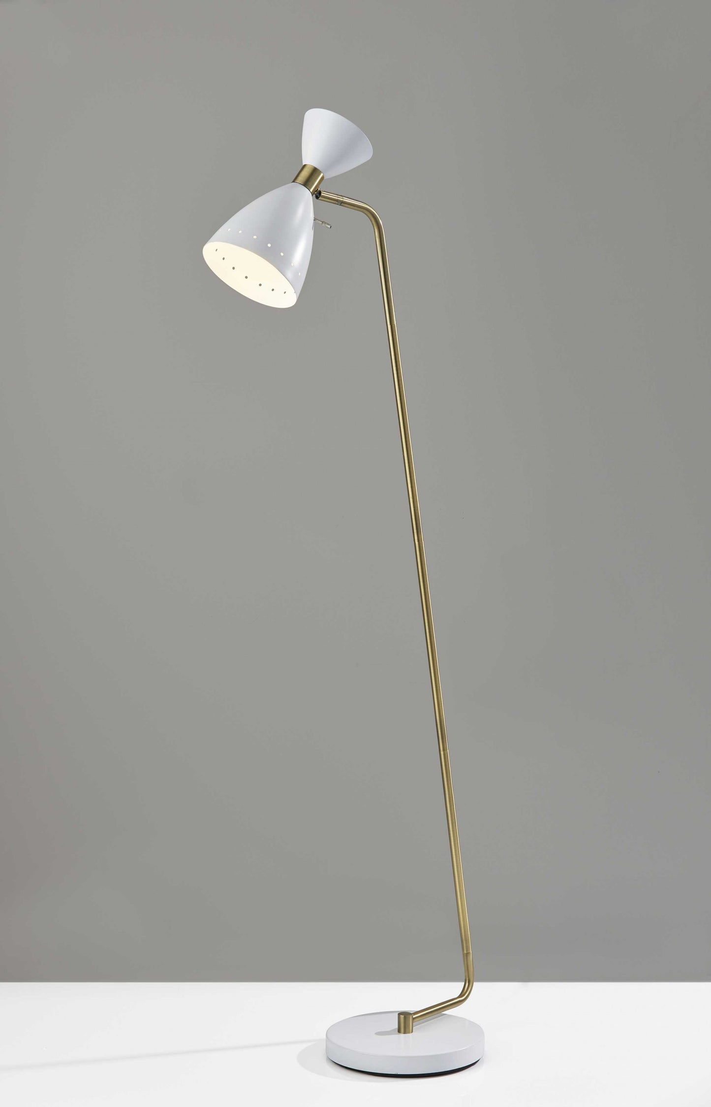 59" Brass Task Floor Lamp With White Metal Cone Shade