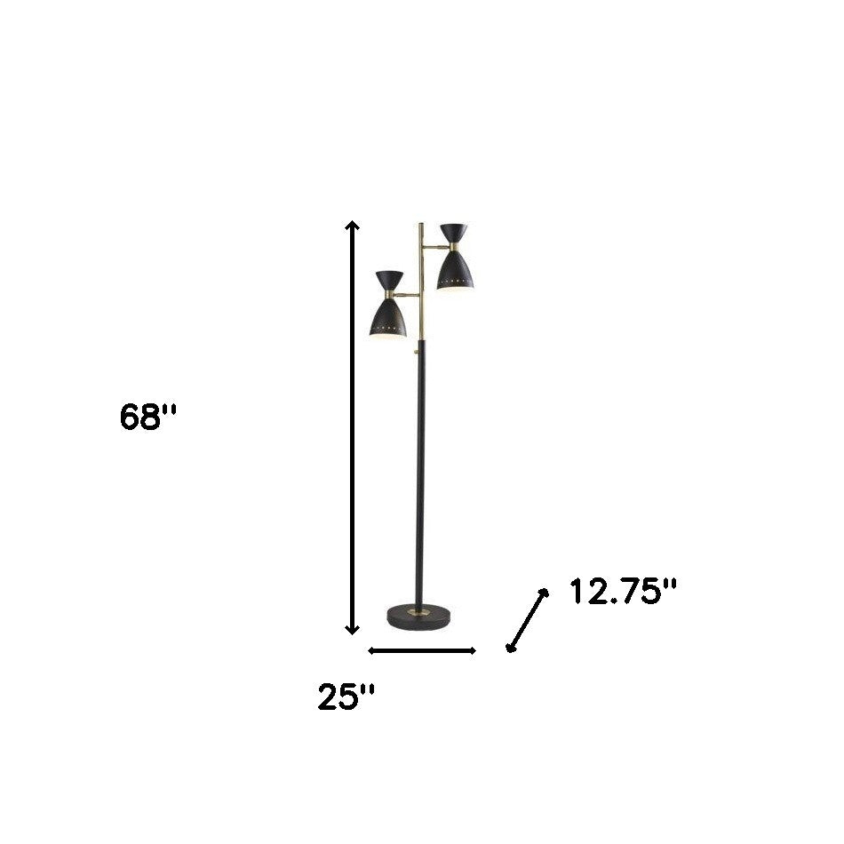 Two Light Brass Cinch Floor Lamp in Black Metal