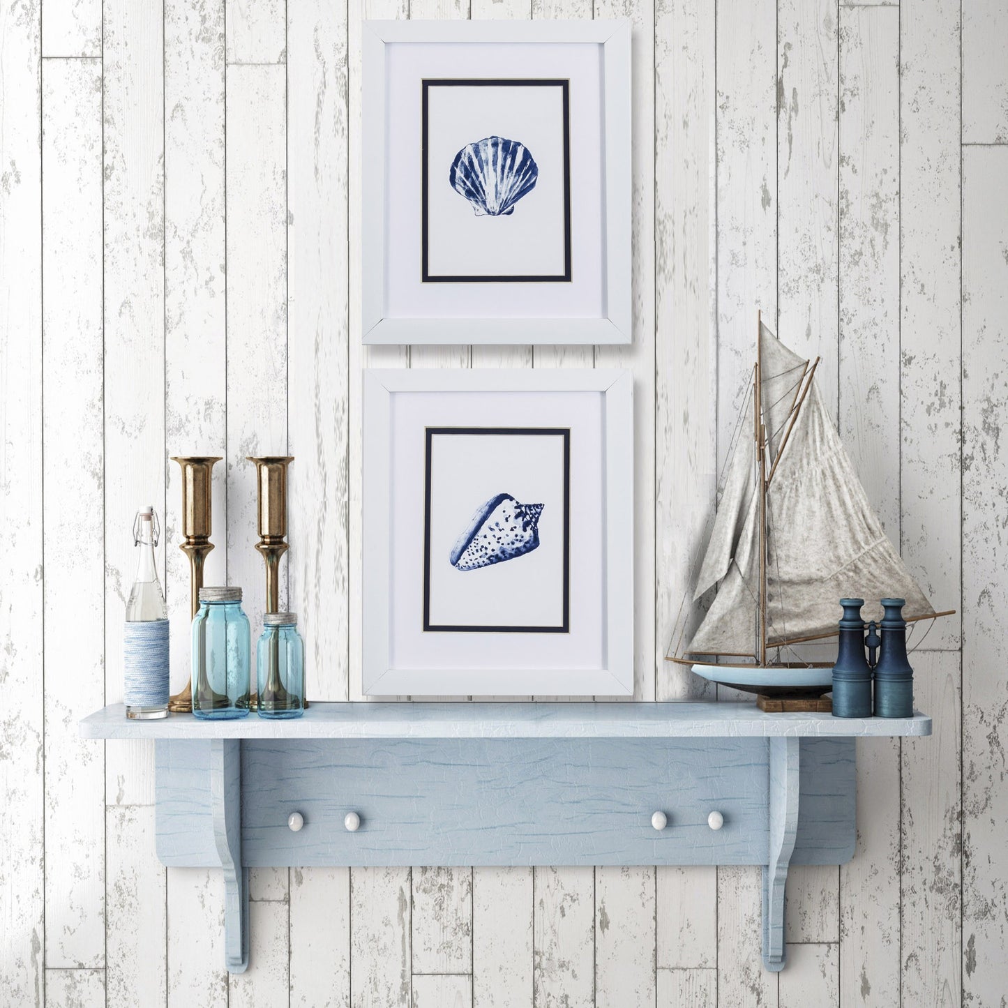 Set Of Two Blue And White Seashell Wall Art