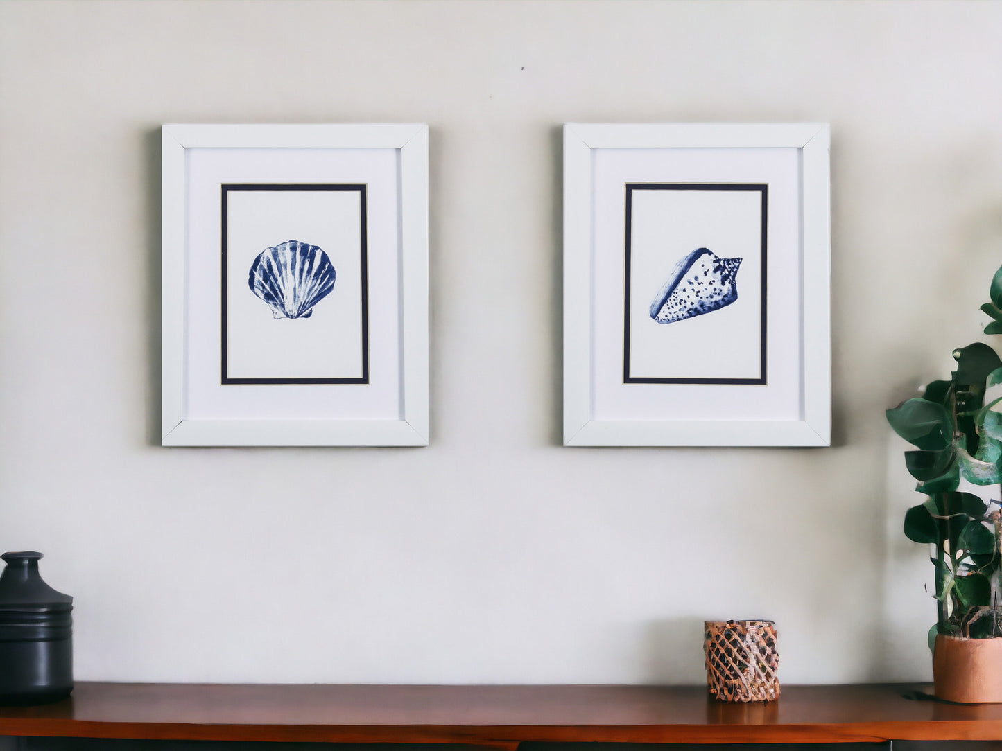 Set Of Two Blue And White Seashell Wall Art