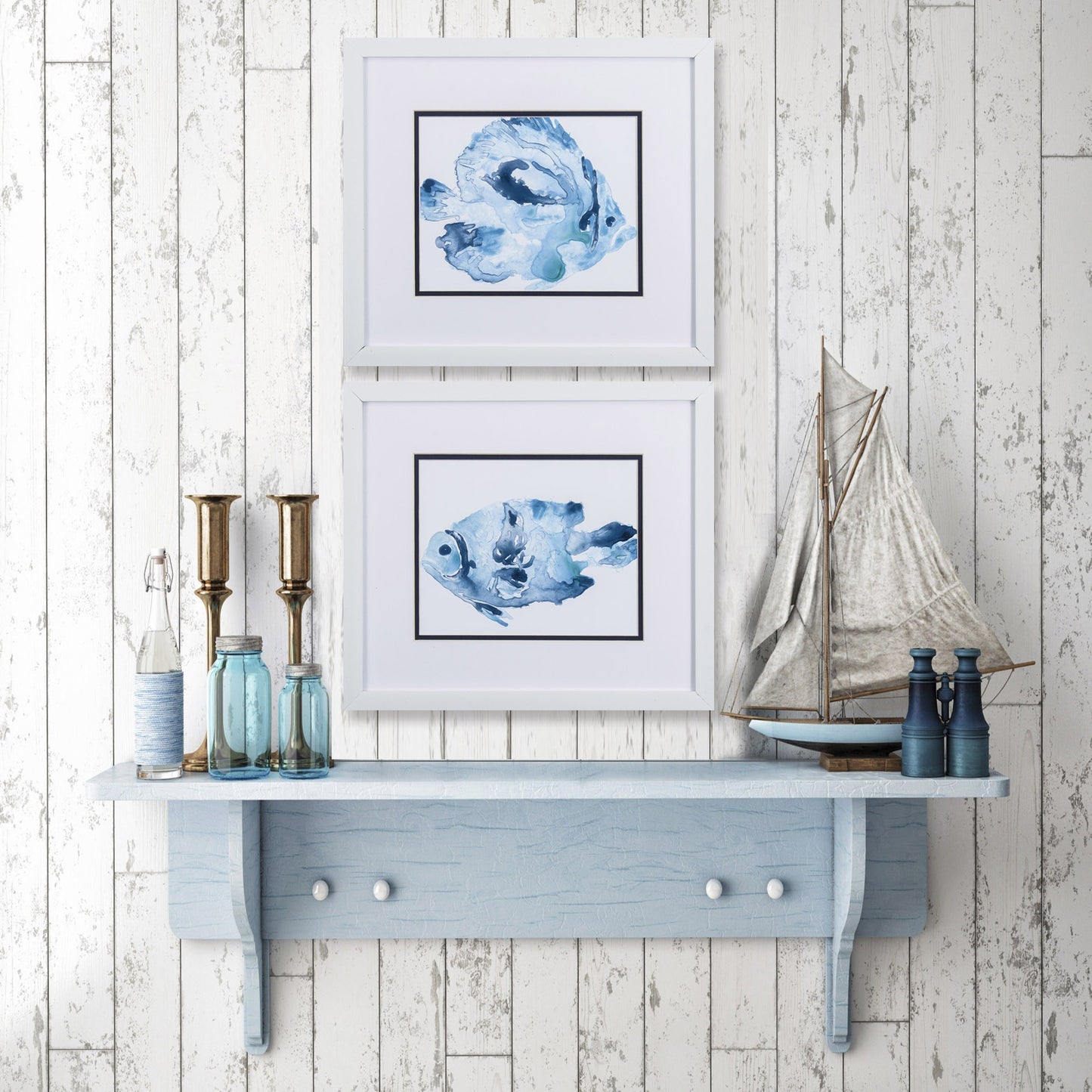 Set Of 2 Blue Watercolor Fish A Framed Art