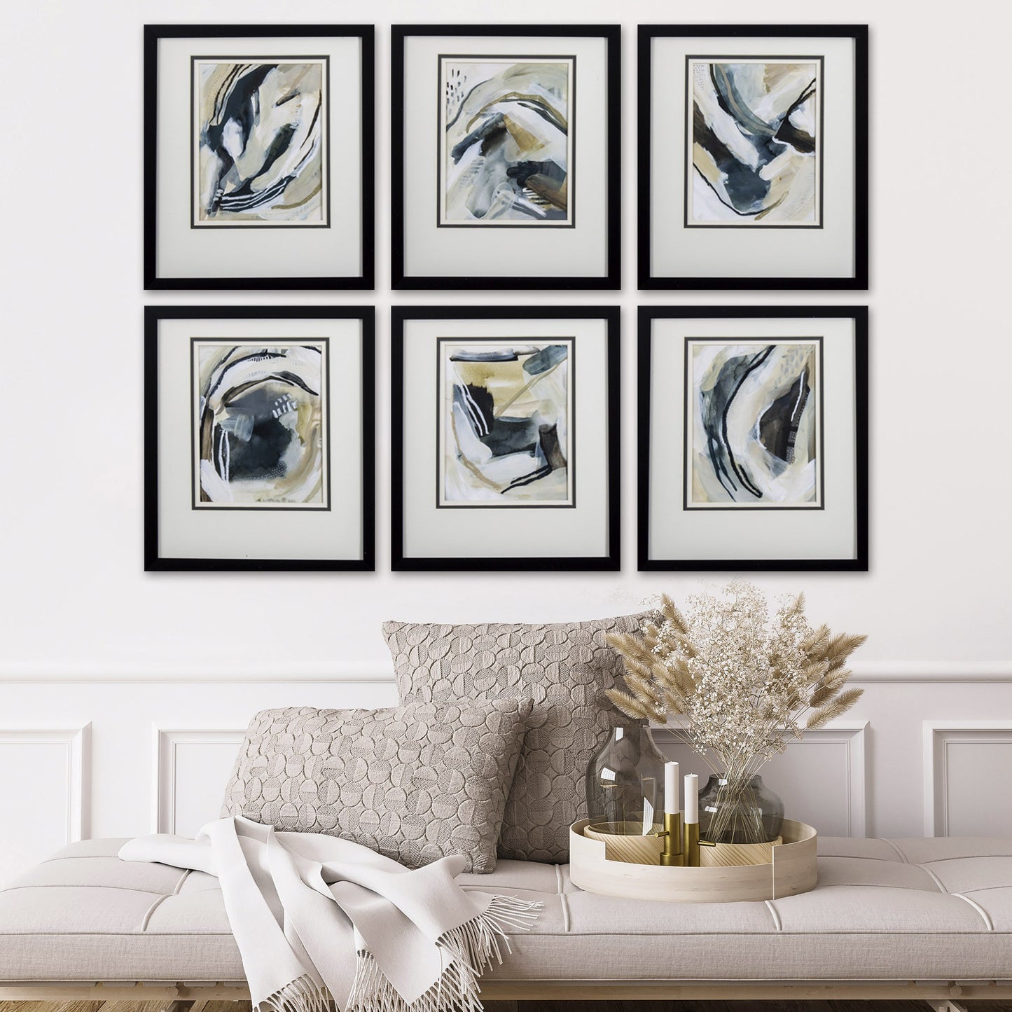 Set Of 6 Neutral Watercolor Abstract Framed Art