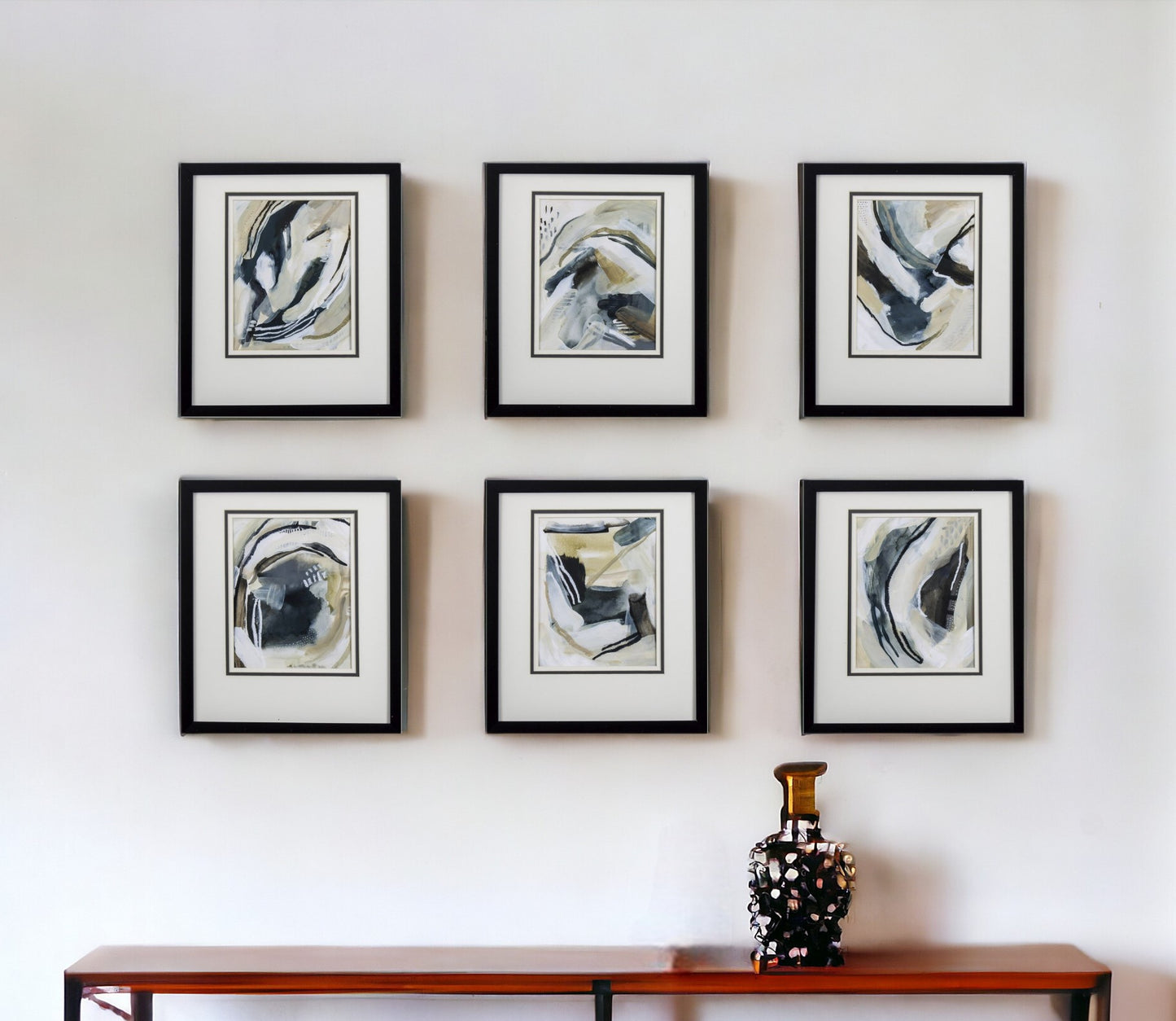 Set Of 6 Neutral Watercolor Abstract Framed Art