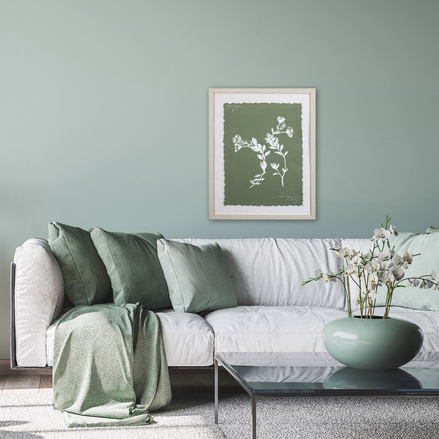 Moss Green and White Botanical Flowers 1 Wall Art