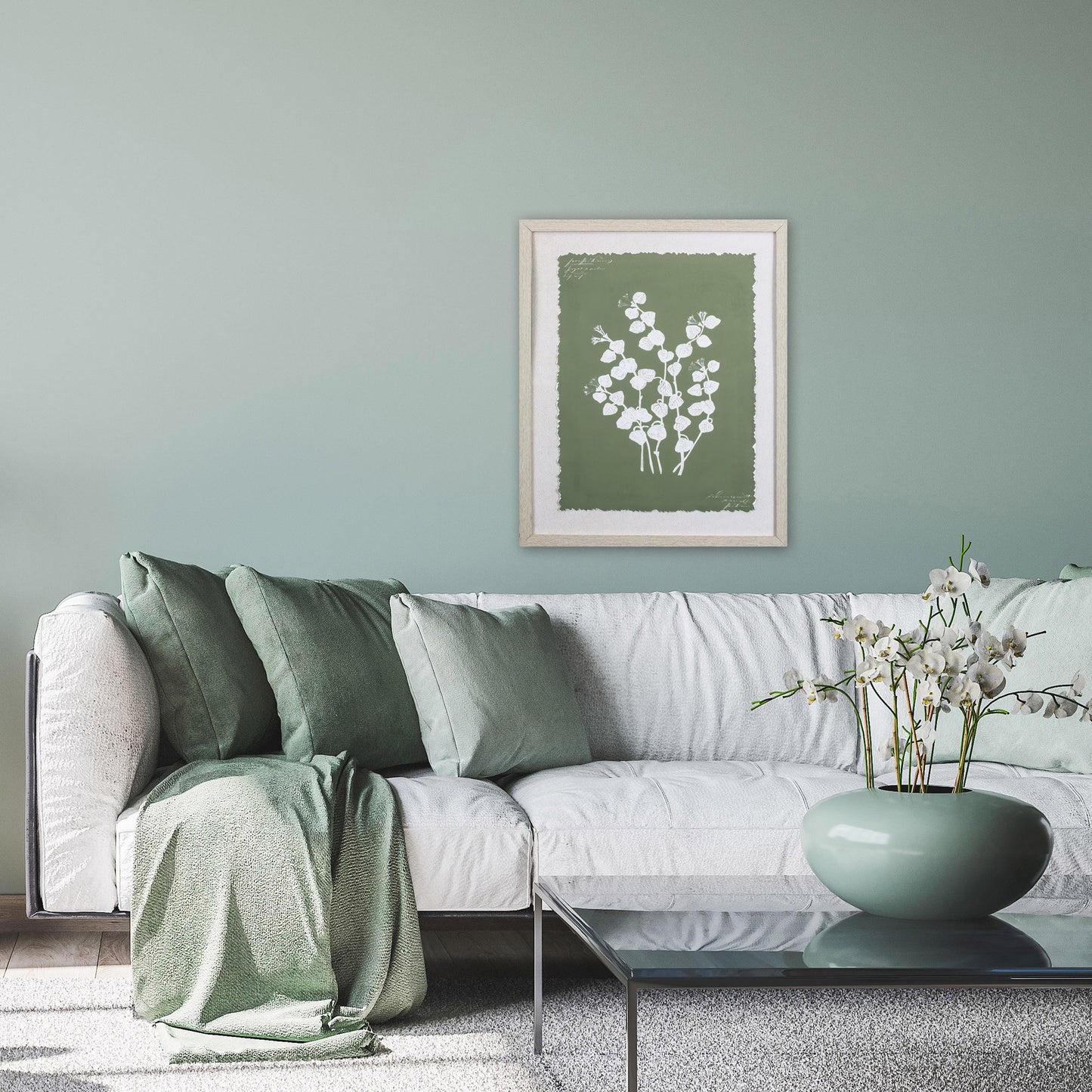 Moss Green and White Botanical Flowers 2 Wall Art