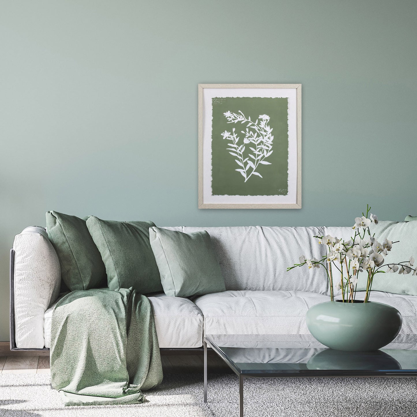 Moss Green and White Botanical Flowers 3 Wall Art