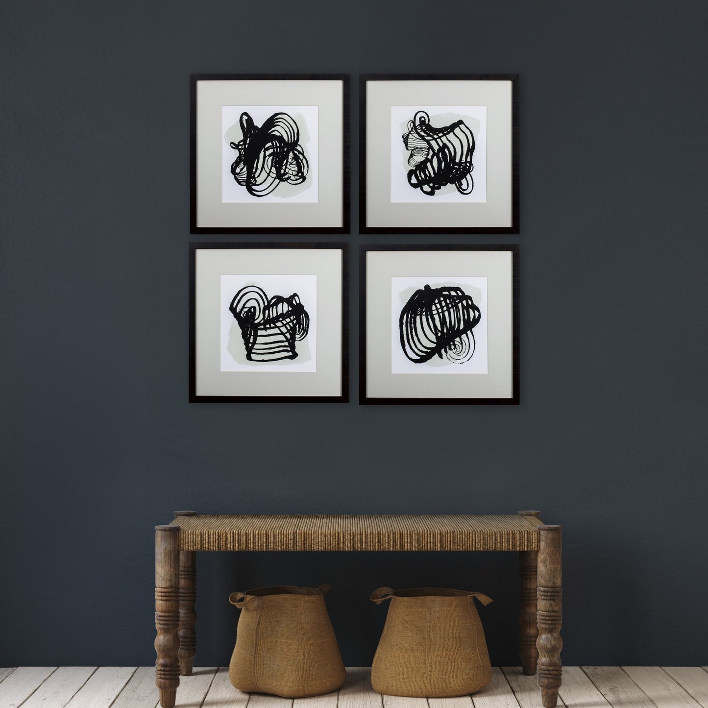 Set of Four Black Abstract Swirls Wall Art