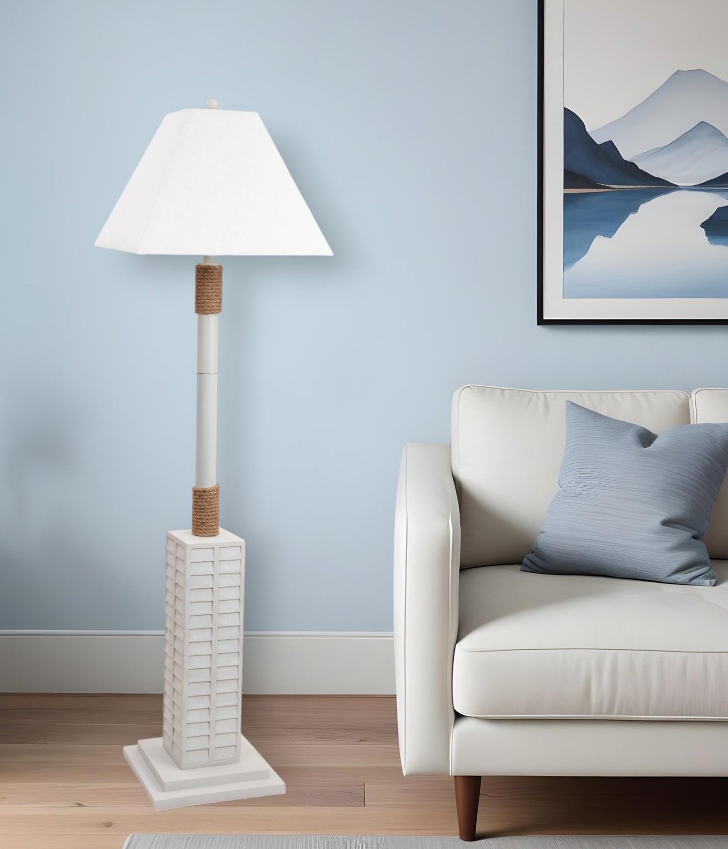 63" White Floor Lamp With White Linen Shade