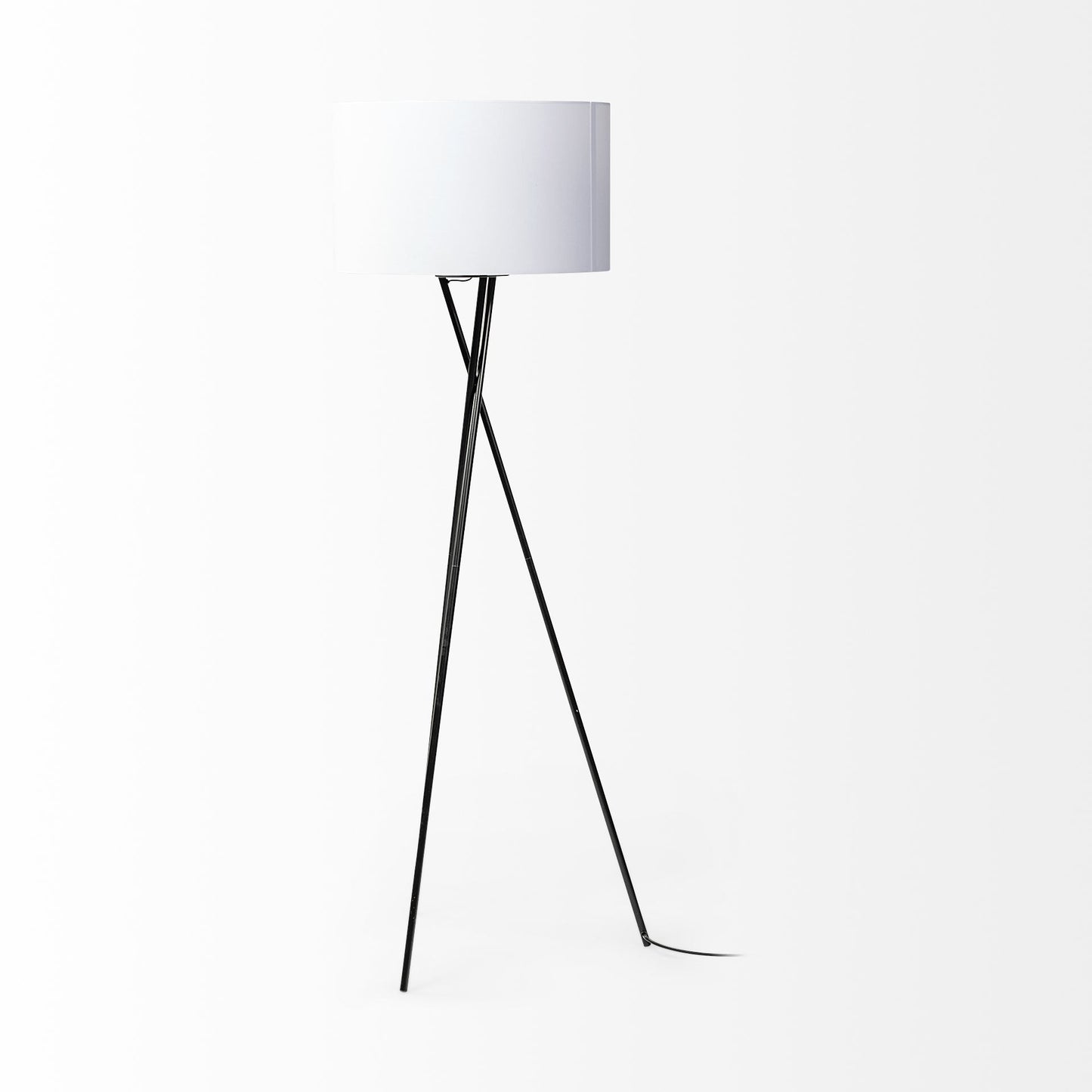 66" Black Tripod Floor Lamp With White Fabric Drum Shade