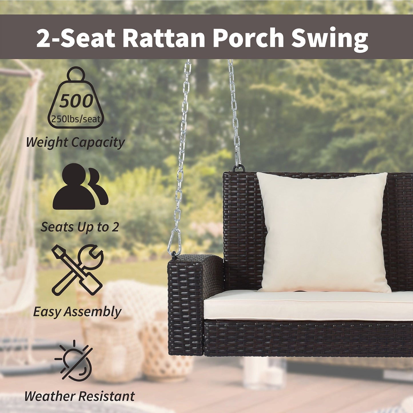 GO 2-Person Wicker Hanging Porch Swing with Chains, Cushion, Pillow, Rattan Swing Bench for Garden, Backyard, Pond. (Brown Wicker, Beige Cushion)-12