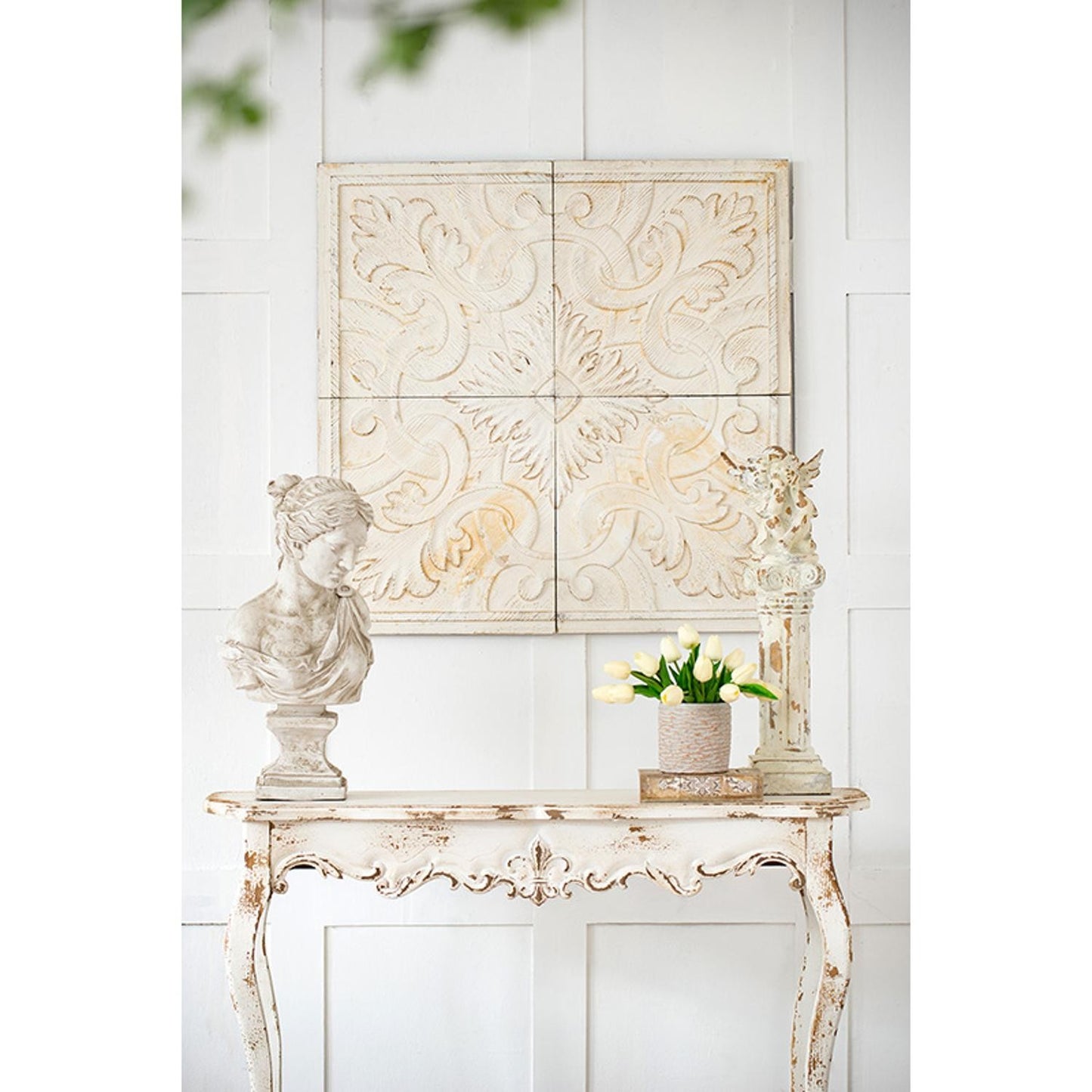 Set of 4 Whitewashed Arabesque Carved Wall Art