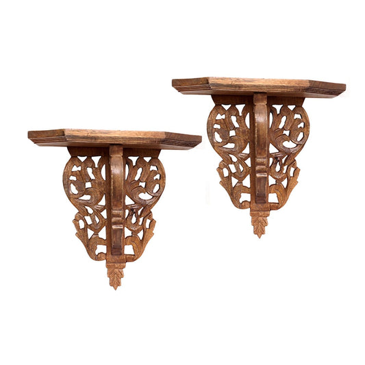 13" Set of Two Brown Boho Carved Wall Mounted Floating Shelves