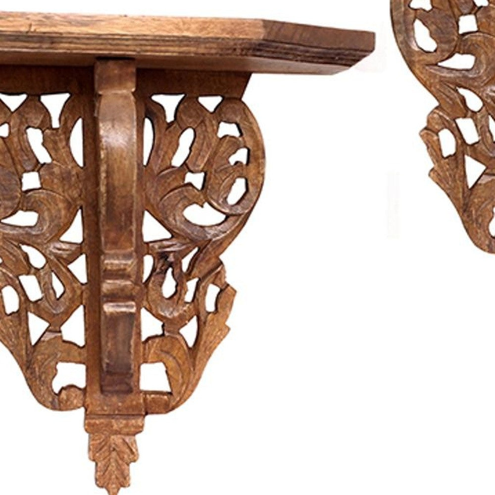 13" Set of Two Brown Boho Carved Wall Mounted Floating Shelves