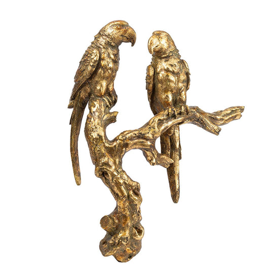 13" Antiqued Gold Parrots Sculpture