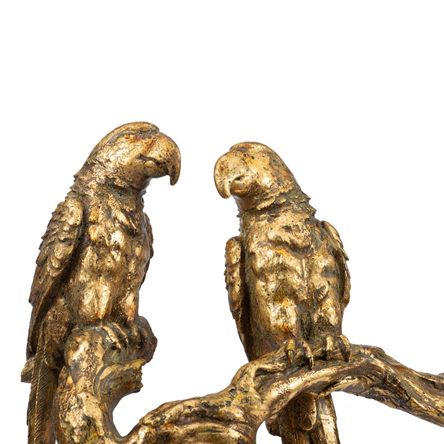 13" Antiqued Gold Parrots Sculpture