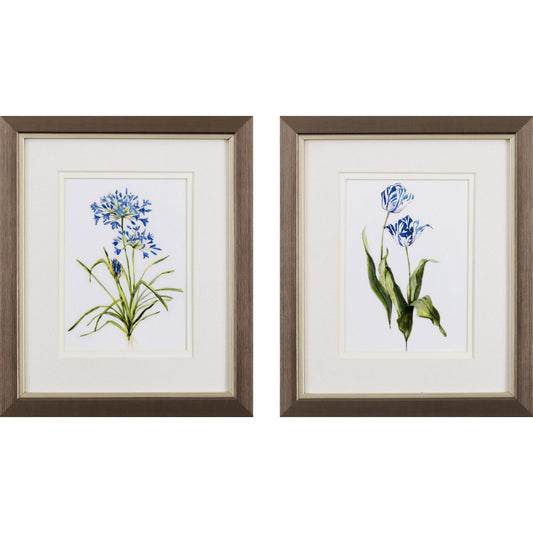 Set of Two Watercolor Dark Blue Flowers Wall Art