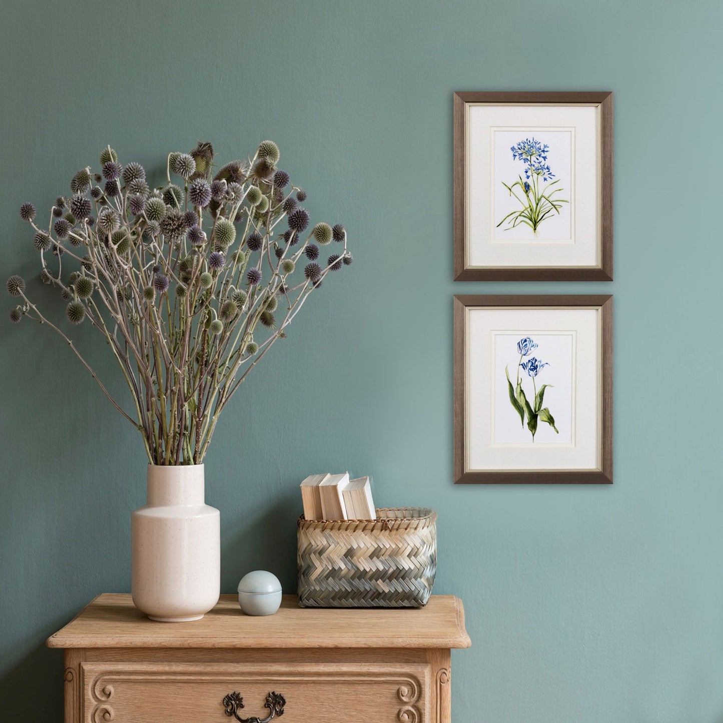 Set of Two Watercolor Dark Blue Flowers Wall Art