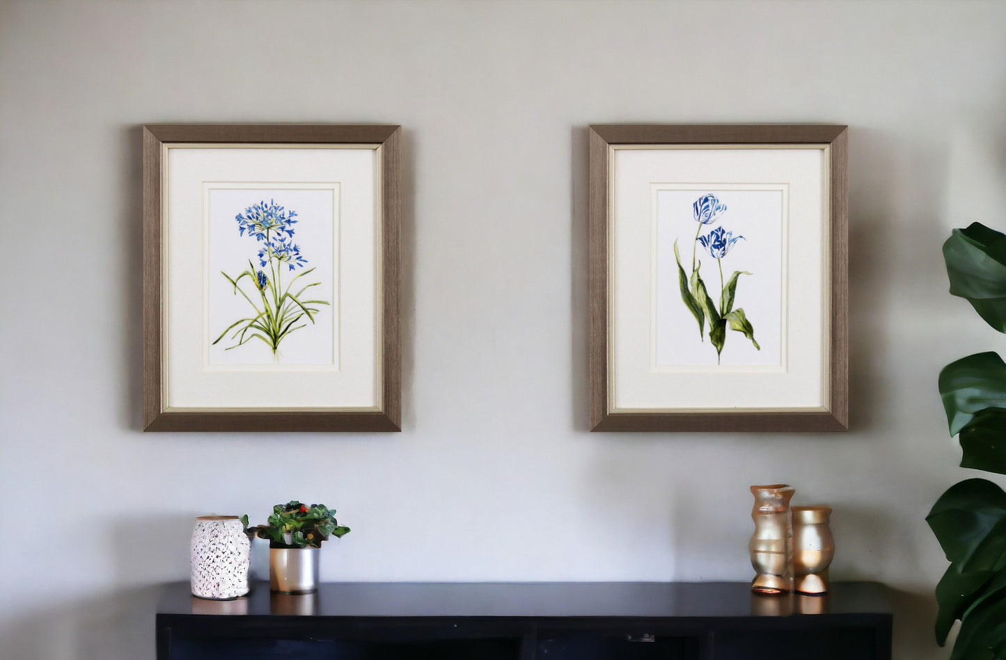 Set of Two Watercolor Dark Blue Flowers Wall Art