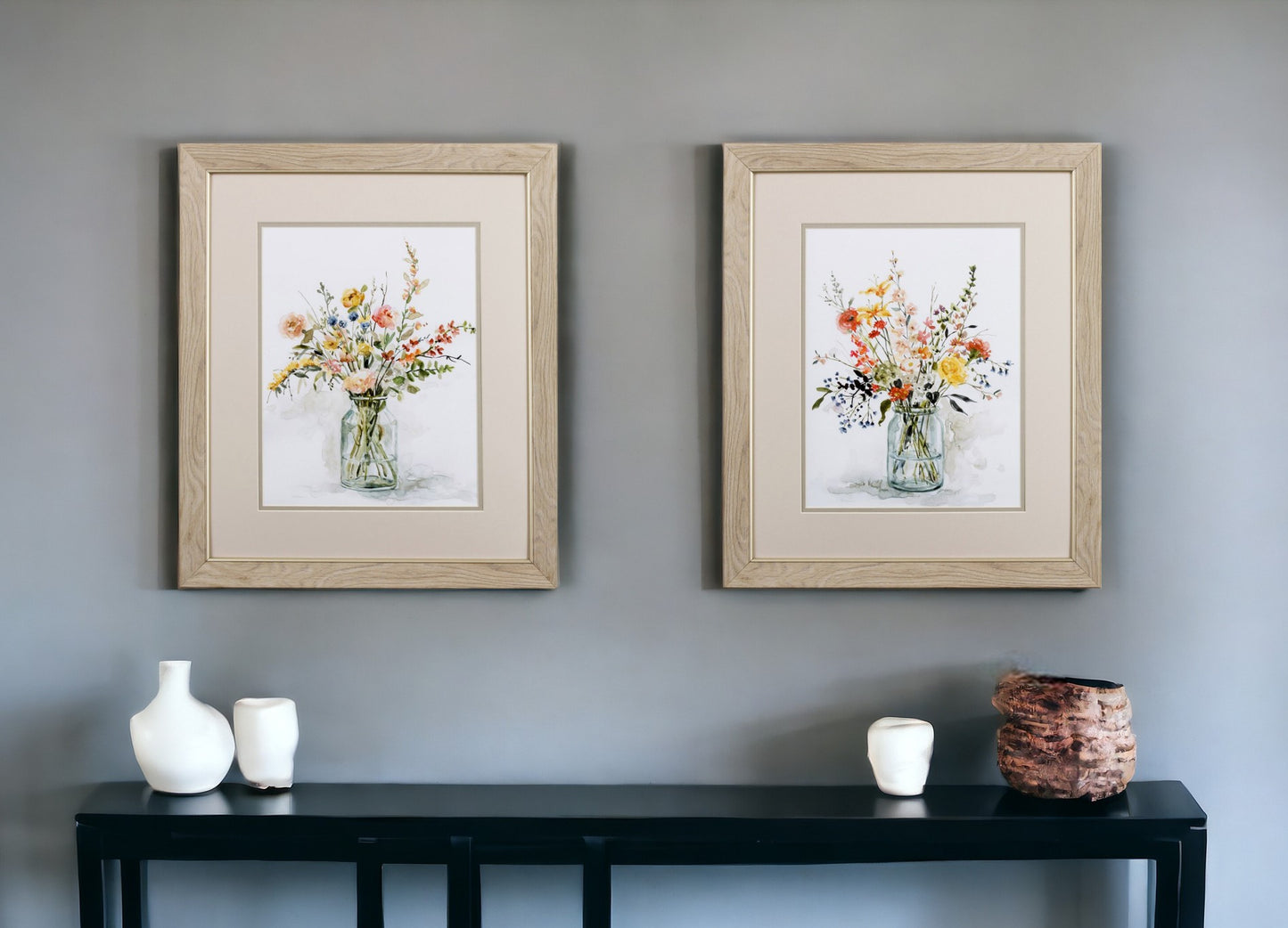 Set of Two Colorful Bouquets Watercolor Wall Art