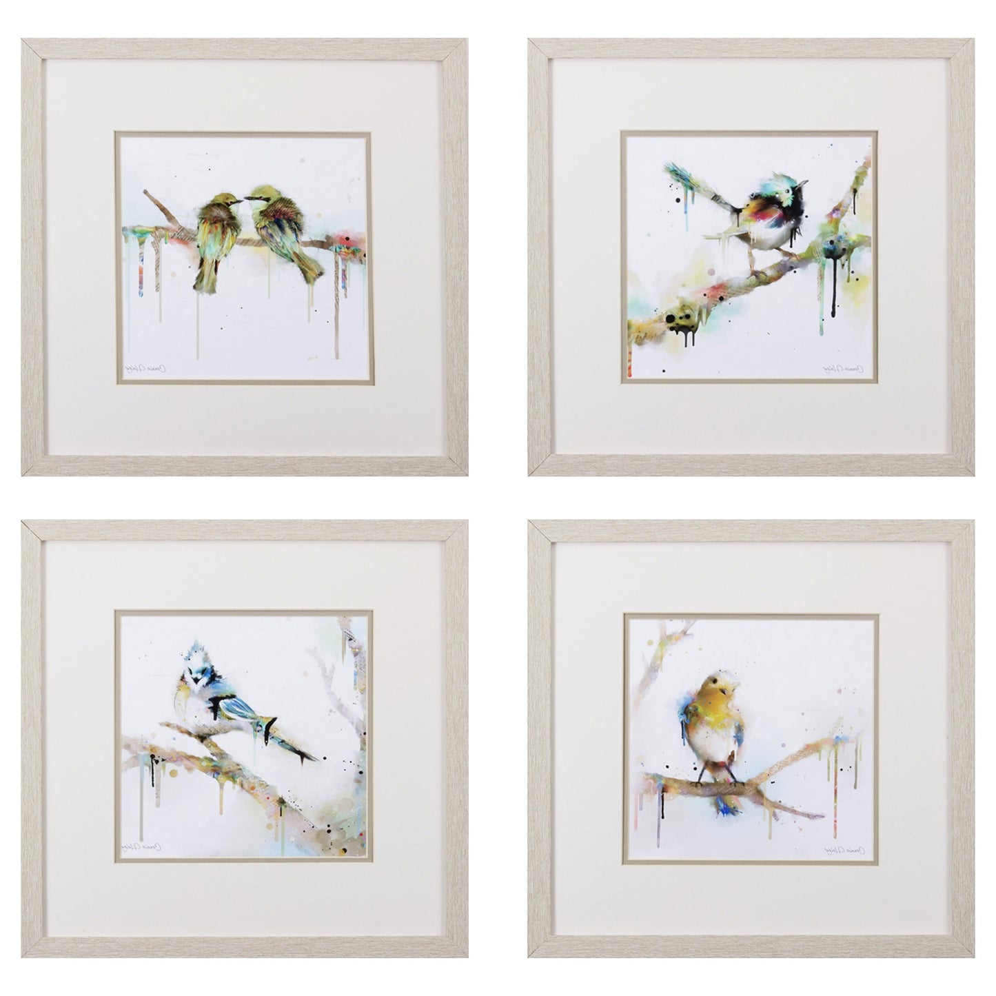 Set of Four Colorful Birds on Branches Wall Art