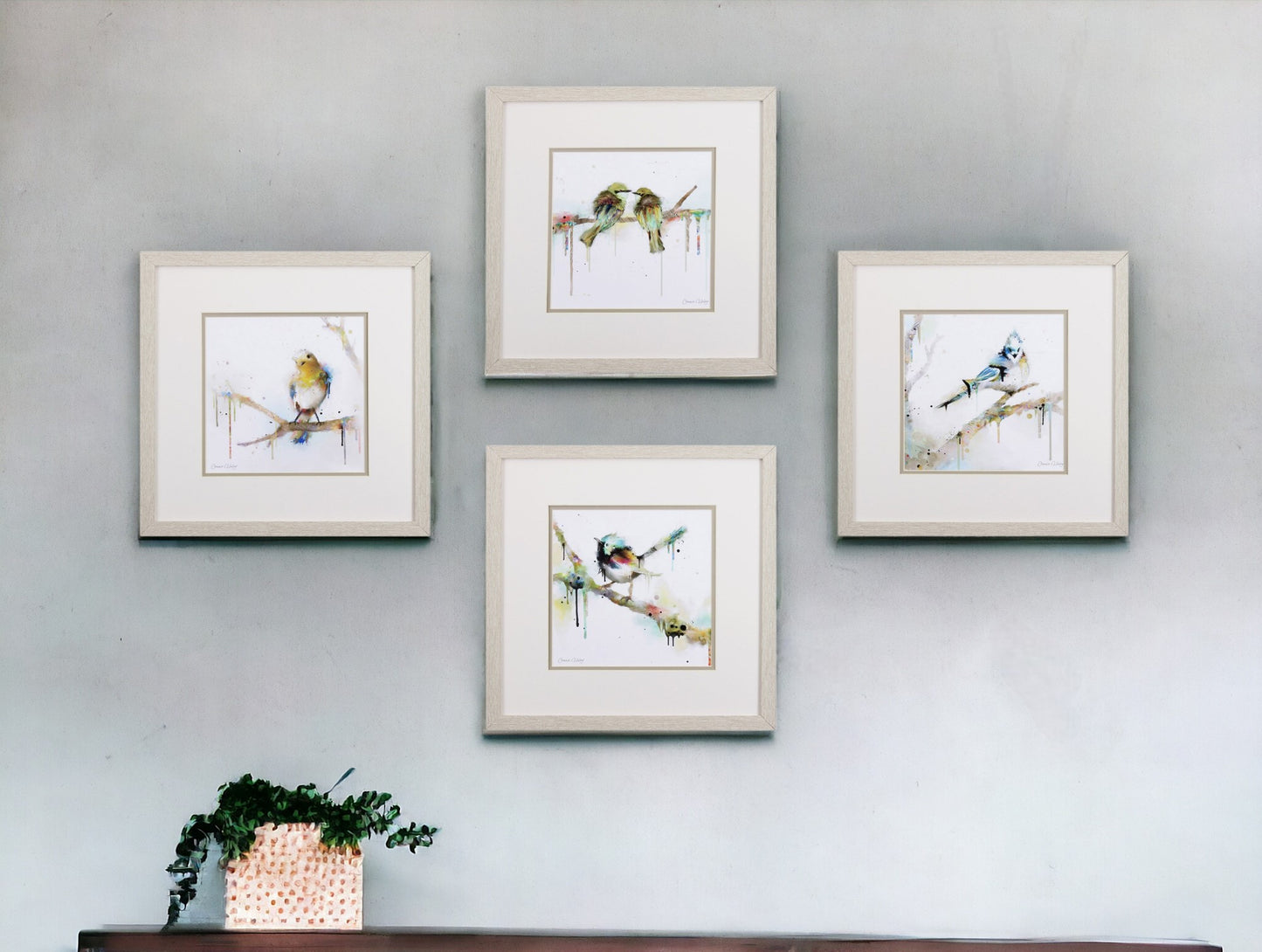 Set of Four Colorful Birds on Branches Wall Art