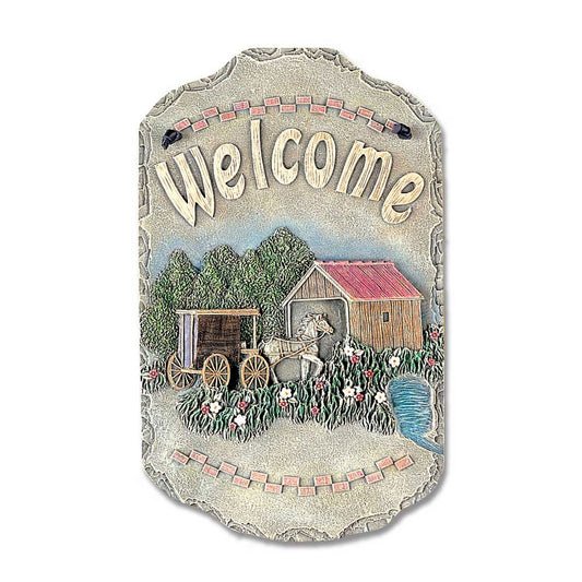 13" X 8" Gray Cream and Green Farm Welcome Resin Wall Decor