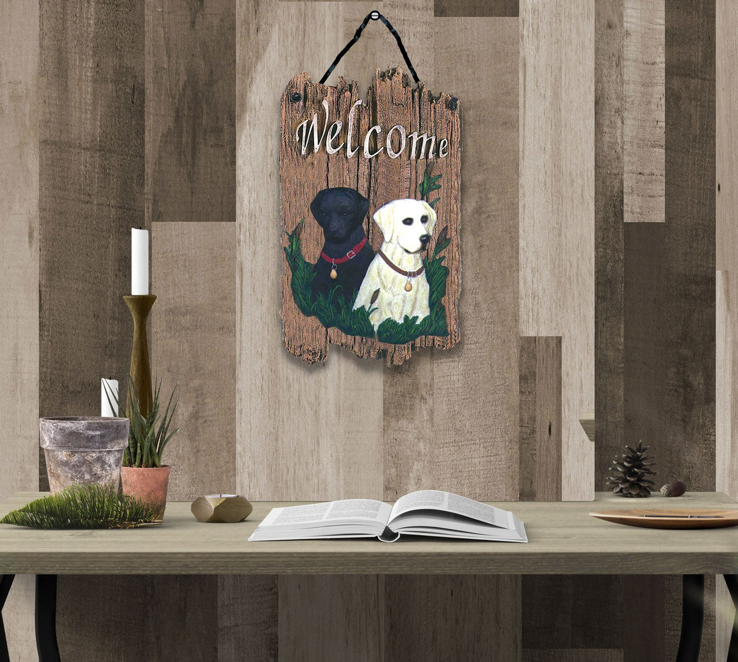 13" X 8" Brown Black and Yellow Dog Welcome Polyresin Wall Decor