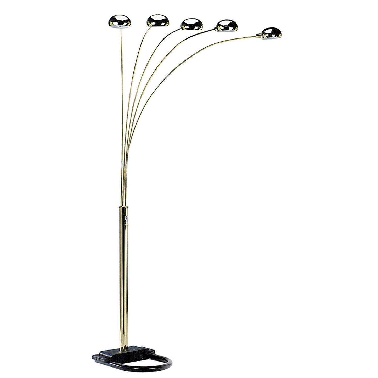 84" Brass Five Light Arc Floor Lamp With Brass Metal Dome Shade